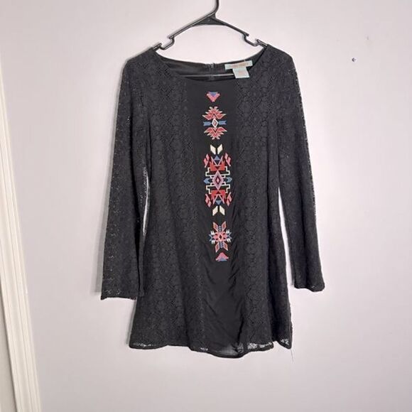 Flying Tomato Aztec Southwest Embroidered Dress M Black Crochet Boho Bell - Picture 1 of 10